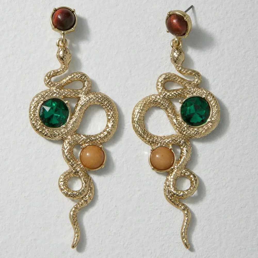 WHBM GENUINE GEM STONES! Goldtone Snake Statement Earrings